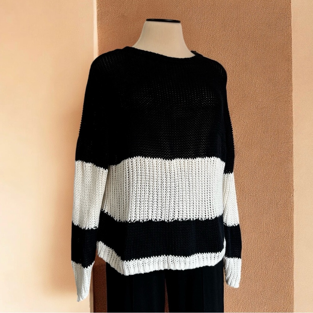 Alp n Rock Tatum Cotton Striped Knit Sweater Colorblock Black White